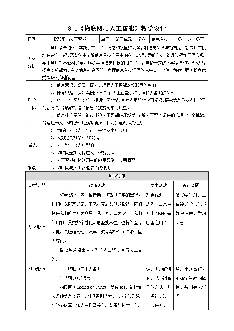电子工业版信息技术八下 3.1《物联网与人工智能》教案第1页