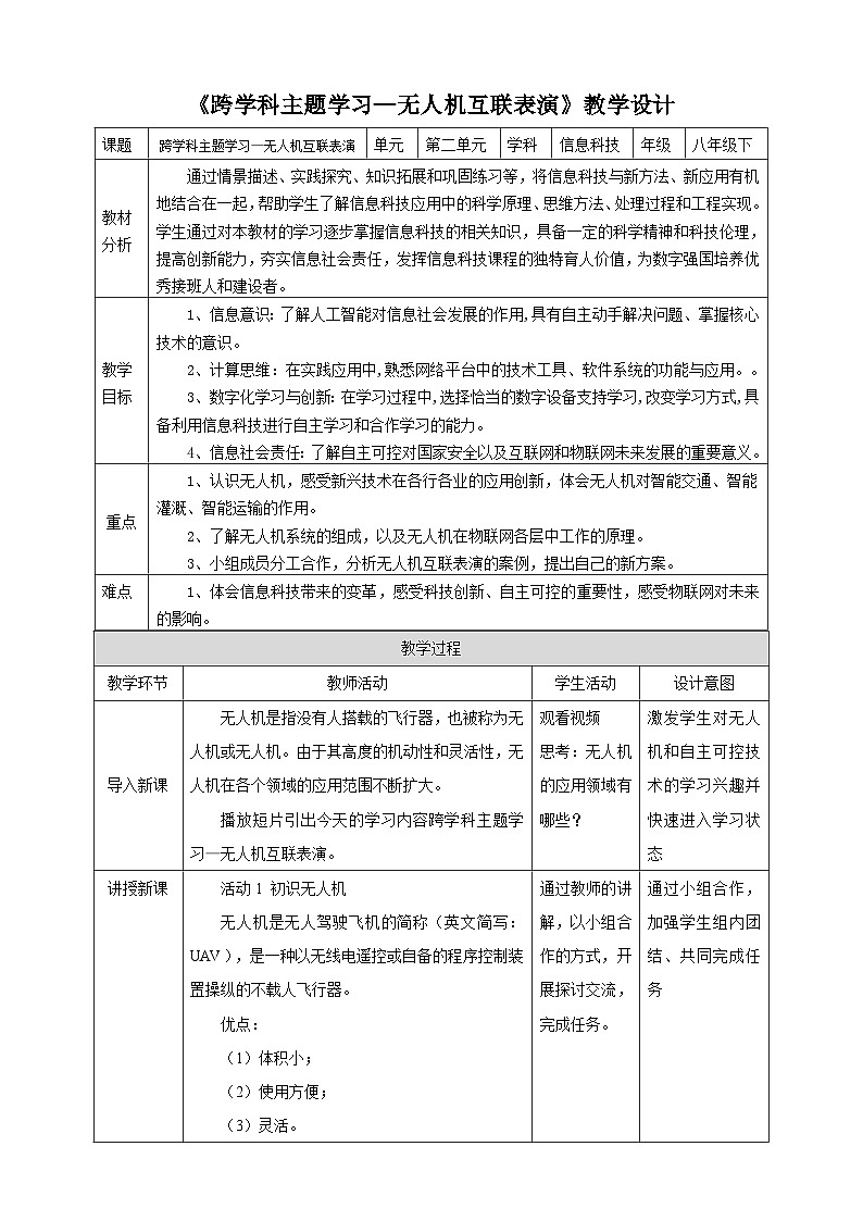 电子工业版信息技术八下《跨学科主题学习——无人机互联表演》教案第1页