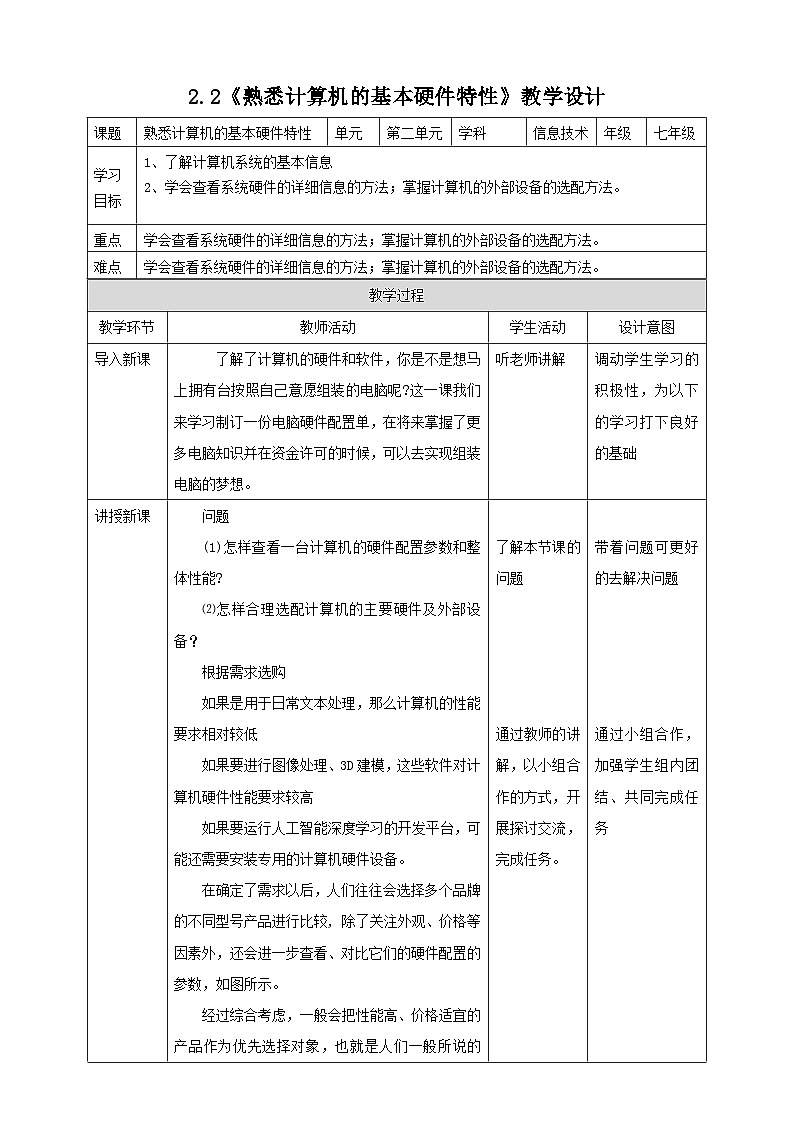 粤高教A版信息技术七下 2.2《熟悉计算机的基本硬件特性》教案第1页