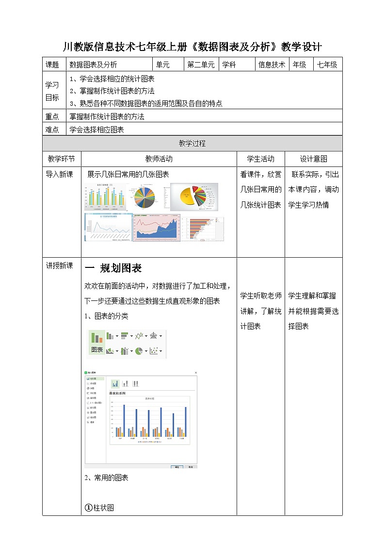 川教版（2019）信息技术七上2.3《数据图表及分析》教案第1页