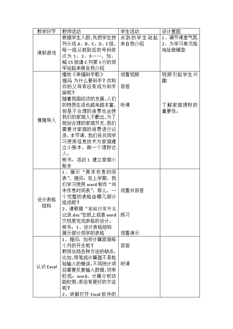 沪科版信息技术七年级下册 4.1《建立家庭小账本》 教案第2页