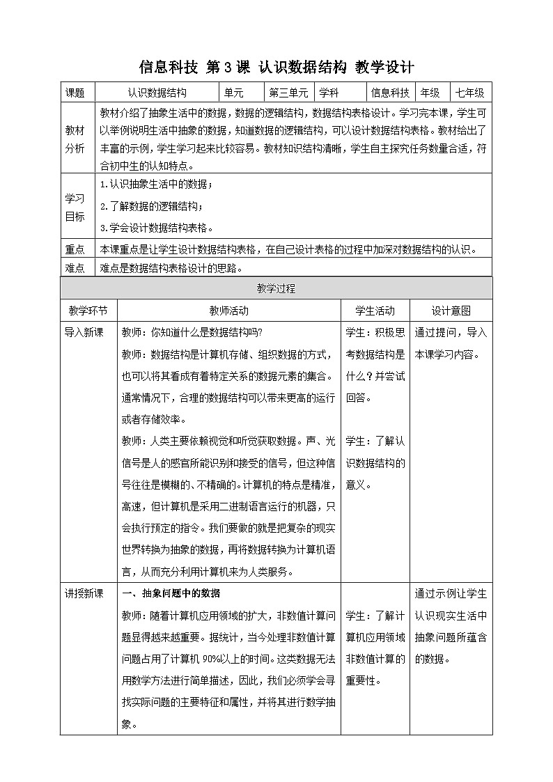 甘教版信息技术七年级下册3.3《 认识数据结构》 教学设计第1页