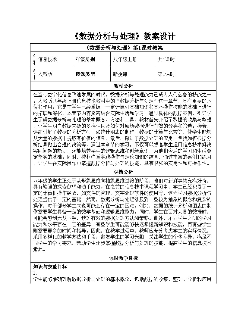 第18课 数据分析与处理 教学设计 2024—2025学年学人教版（2024）初中信息技术八年级全一册第1页
