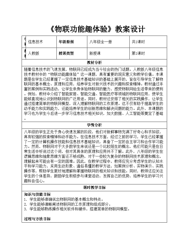 第一单元第5课《物联功能趣体验》教案设计 2024-2025学年人教版初中信息科技八年级全一册第1页