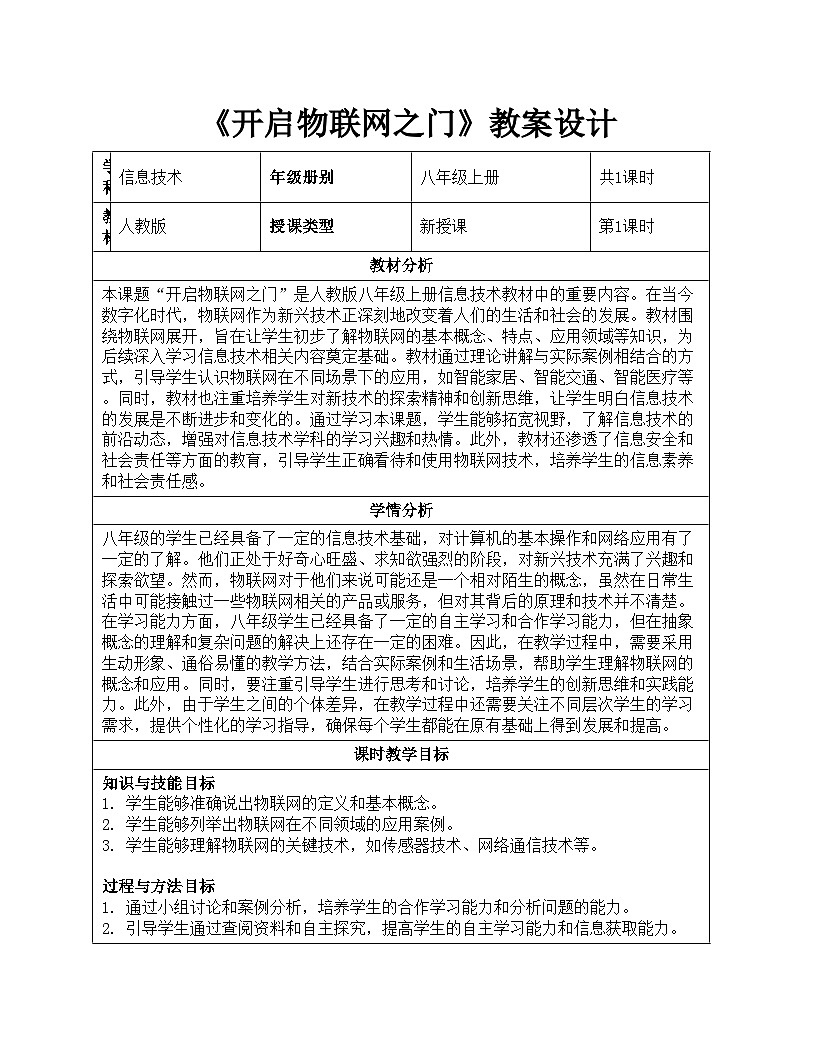 第一单元第1课《开启物联网之门》教案设计 2024—2025学年学人教版（2024）初中信息技术八年级全一册第1页