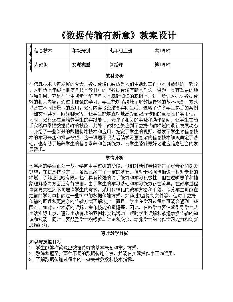 2.9《数据传输有新意》教案设计人教版（2024）信息科技七年级上册第1页