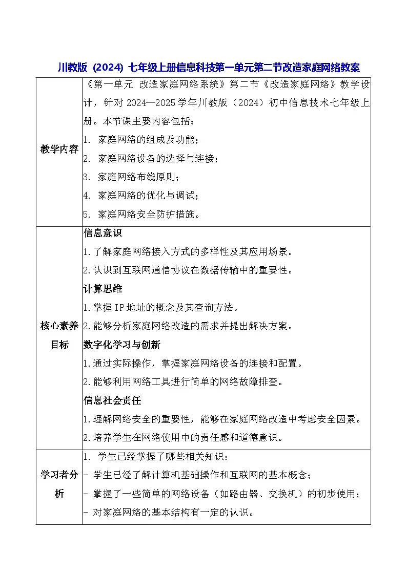 川教版（2024）七年级上册信息科技第一单元第二节改造家庭网络教案第1页