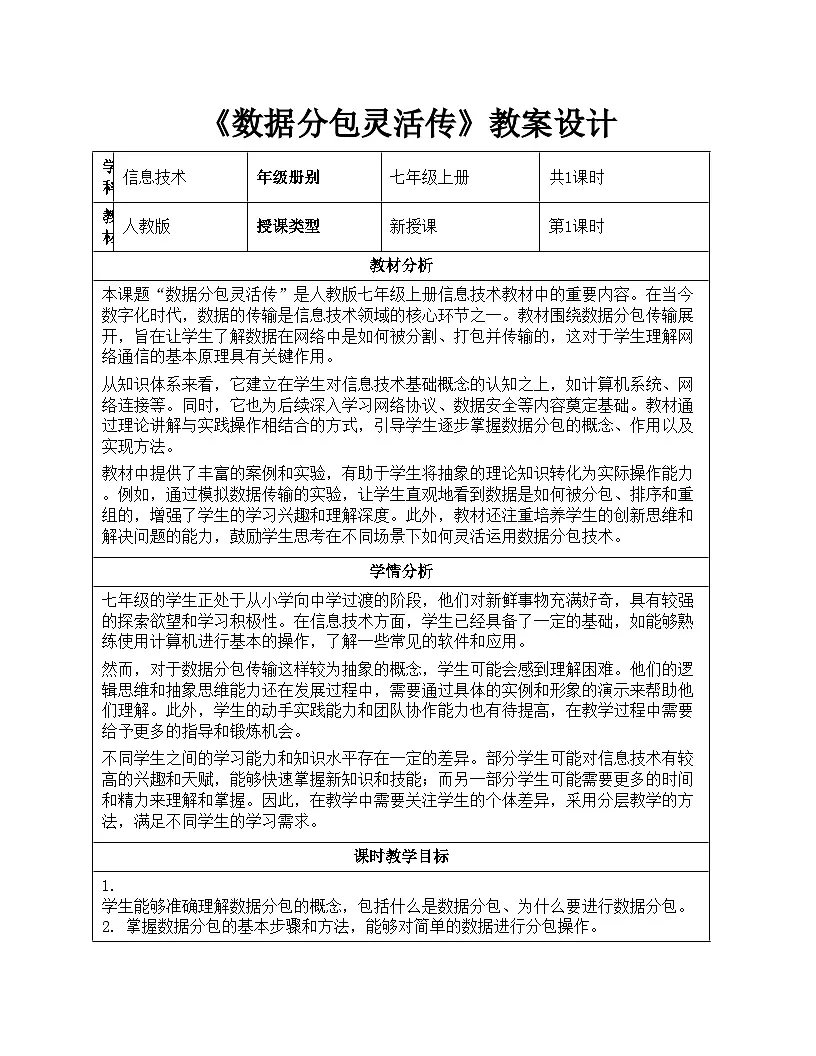 第4课 《数据分包灵活传》教案设计 初中人教版2024 信息技术七年级全一册第1页