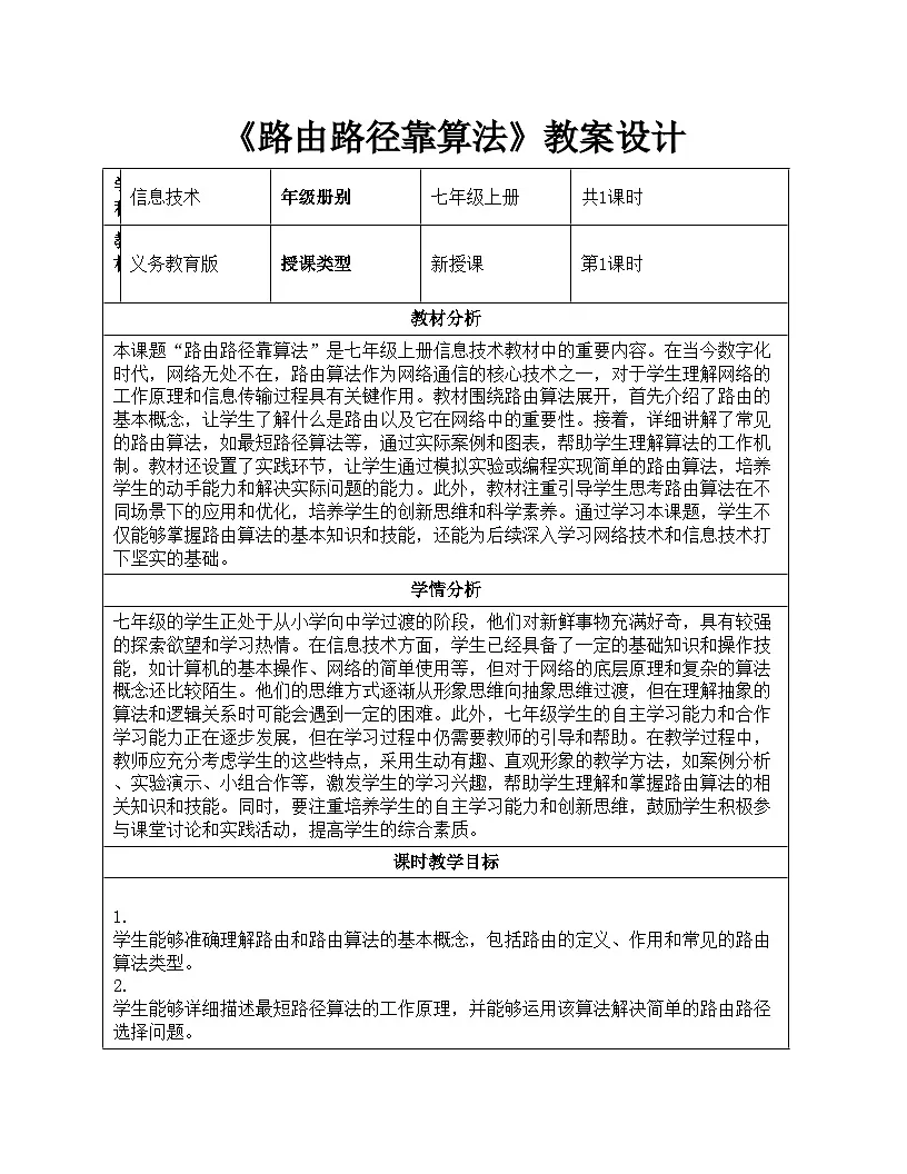 第08课 路由路径靠算法 教学设计 人教版（2024）初中信息技术七年级全一册第1页