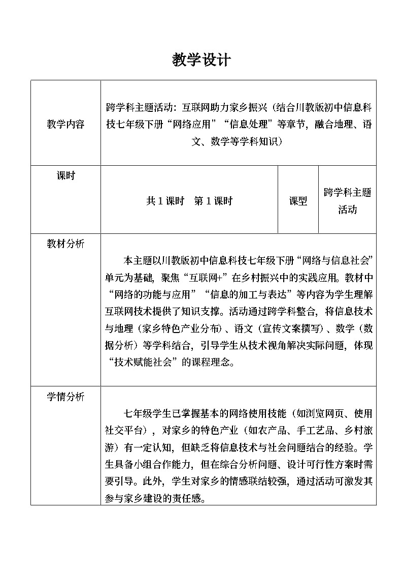 川教版（2024）初中信息科技七年级下册 跨学科主题活动互联网助力家乡振兴 教学设计第1页