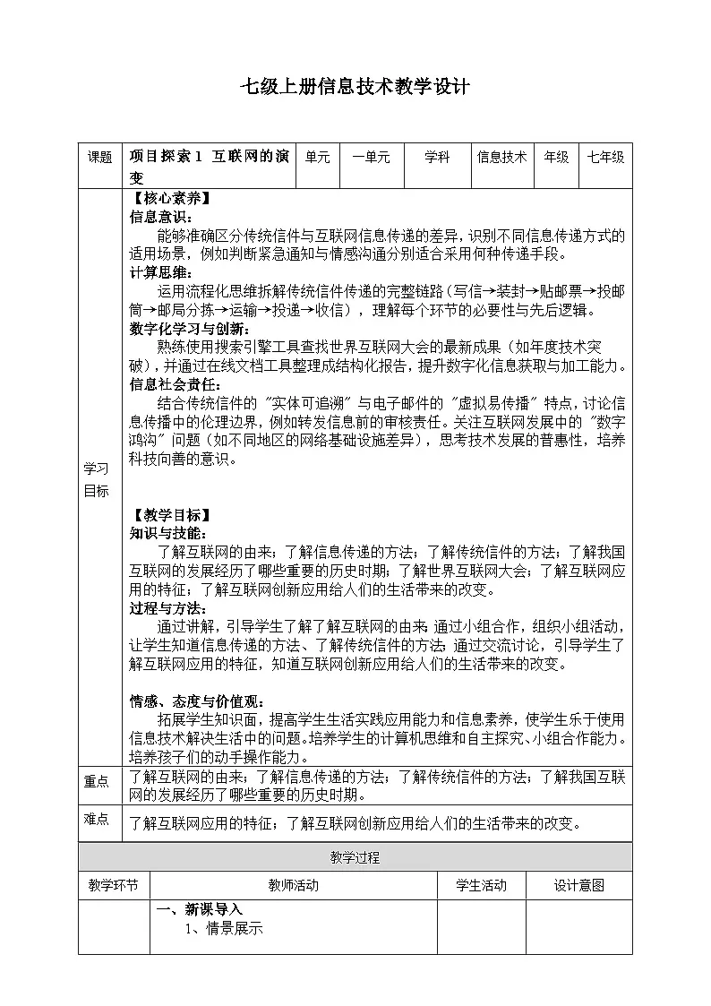 苏科版2023信息科技七年级上册1.2.1《项目探索1 互联网的演变》教案第1页