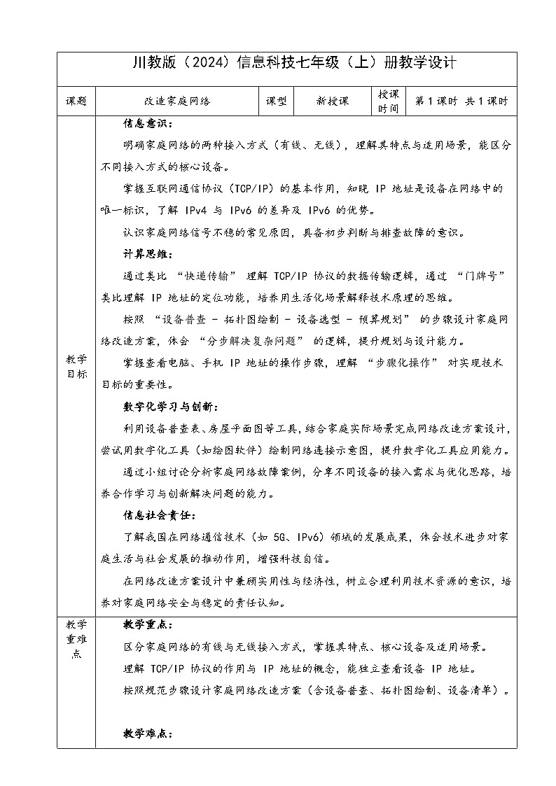 第一单元 第二节《改造家庭网络》教学设计 2025-2026学年川教版（2024）初中信息科技七年级上册第1页