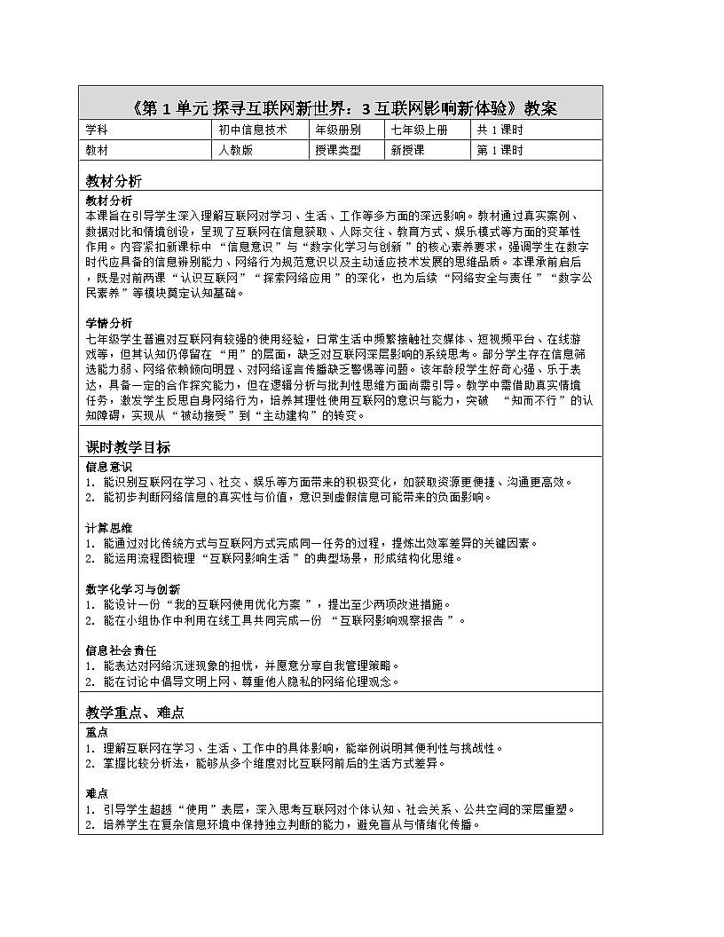 《第1单元 探寻互联网新世界：3 互联网影响新体验》教学设计（表格版）-2025-2026学年人教版(2024)信息技术七年级全册第1页