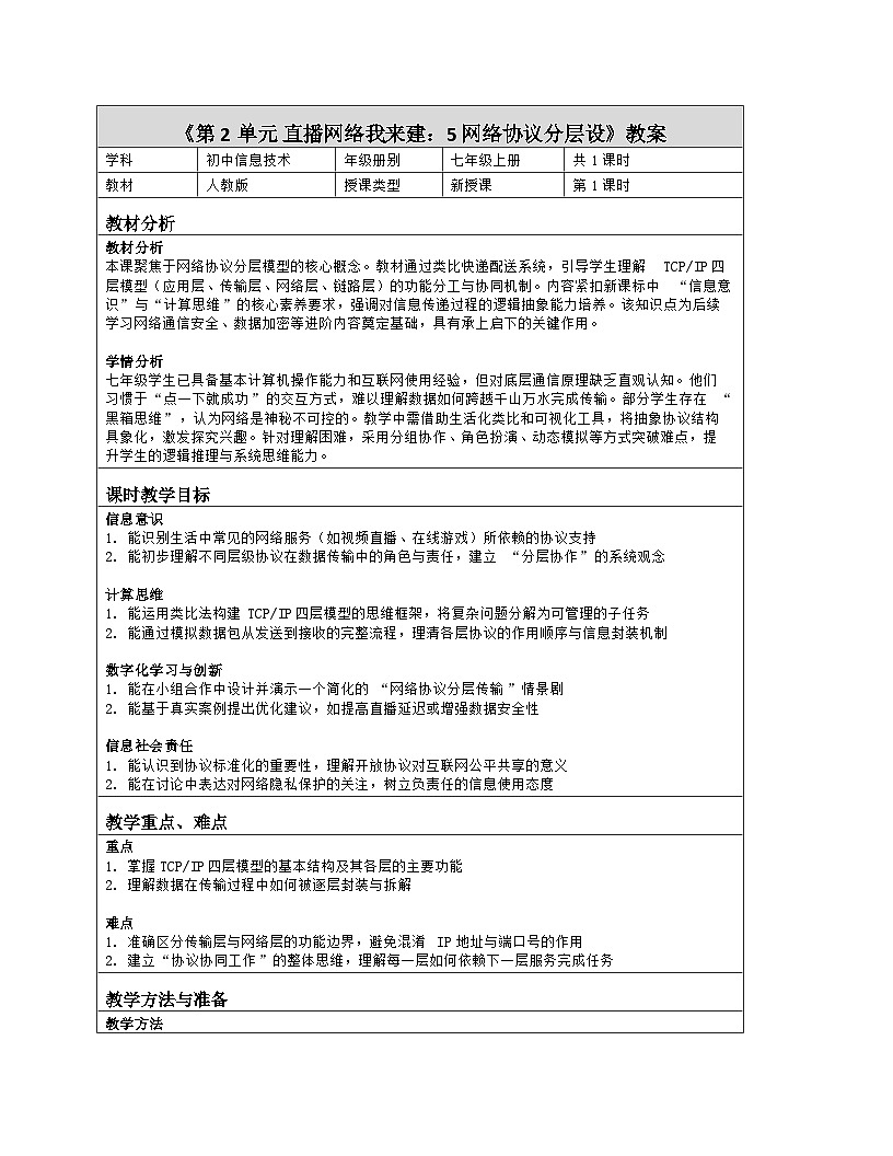 《第2单元 直播网络我来建：5 网络协议分层设》教学设计（表格版）-2025-2026学年人教版(2024)信息技术七年级全册第1页