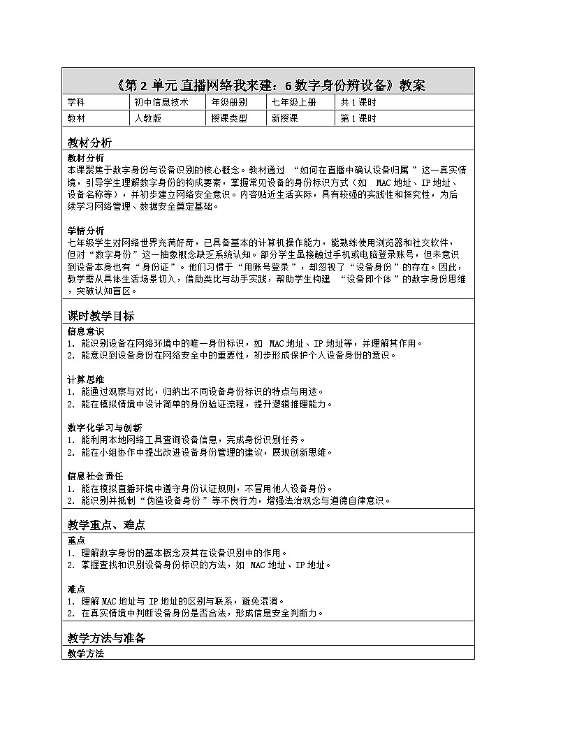 《第2单元 直播网络我来建：6 数字身份辨设备》教学设计（表格版）-2025-2026学年人教版(2024)信息技术七年级全册第1页