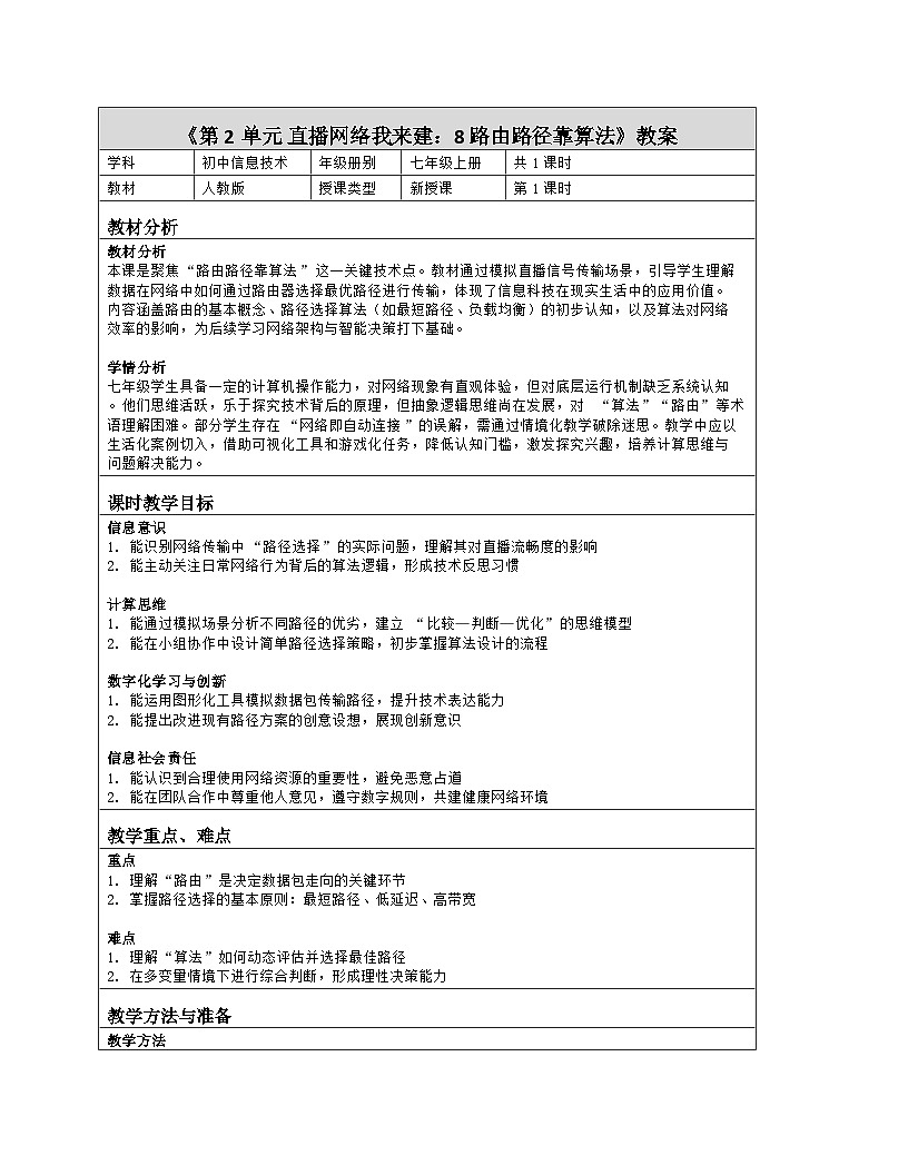 《第2单元 直播网络我来建：8 路由路径靠算法》教学设计（表格版）-2025-2026学年人教版(2024)信息技术七年级全册第1页
