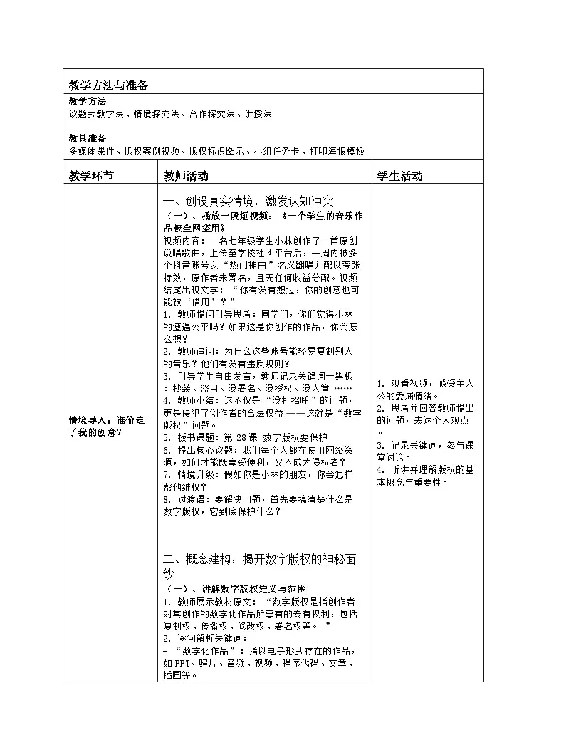 《第6单元 共同守护互联网：28 数字版权要保护》教学设计（表格版）-2025-2026学年人教版(2024)信息技术七年级全册第2页