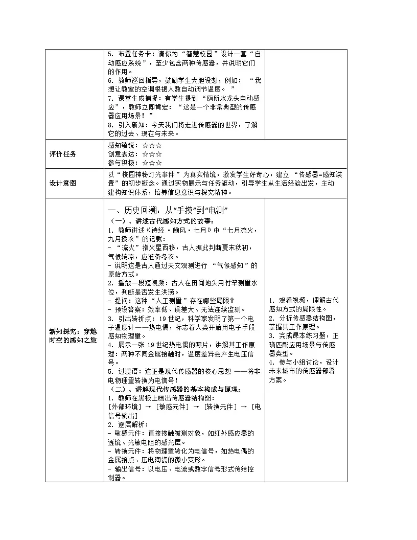 《第1单元 从感知到物联：2 传感之古今未来》教学设计（表格版）-2025-2026学年人教版(2024)信息技术八年级全册第3页