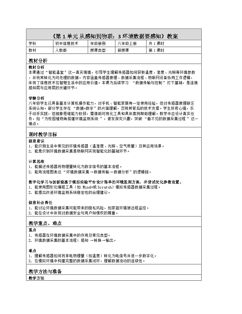 《第1单元 从感知到物联：3 环境数据要感知》教学设计（表格版）-2025-2026学年人教版(2024)信息技术八年级全册第1页