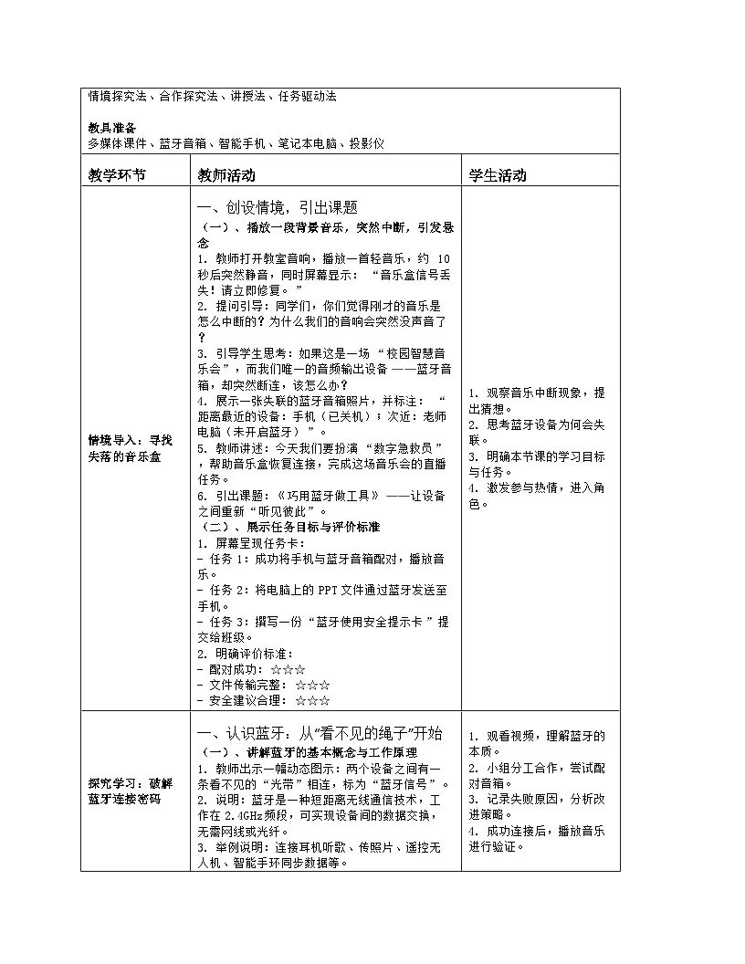 《第2单元 万物互联有协议：8 巧用蓝牙做工具》教学设计（表格版）-2025-2026学年人教版(2024)信息技术八年级全册第2页