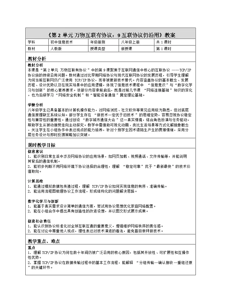 《第2单元 万物互联有协议：9 互联协议仍沿用》教学设计（表格版）-2025-2026学年人教版(2024)信息技术八年级全册第1页