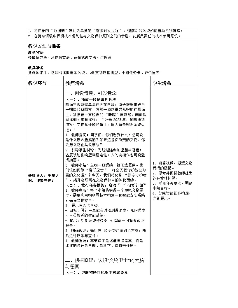 《第5单元 物联网应用探索：21 文物保护新手段》教学设计（表格版）-2025-2026学年人教版(2024)信息技术八年级全册第2页
