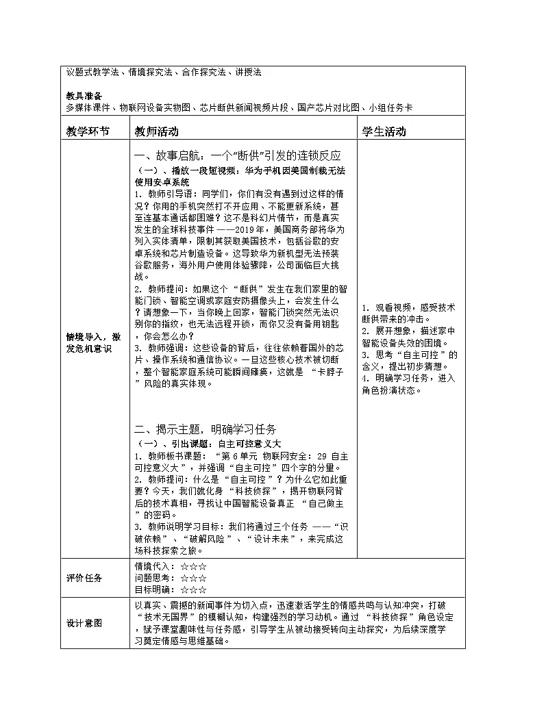 《第6单元 物联网安全：29 自主可控意义大》教学设计（表格版）-2025-2026学年人教版(2024)信息技术八年级全册第2页