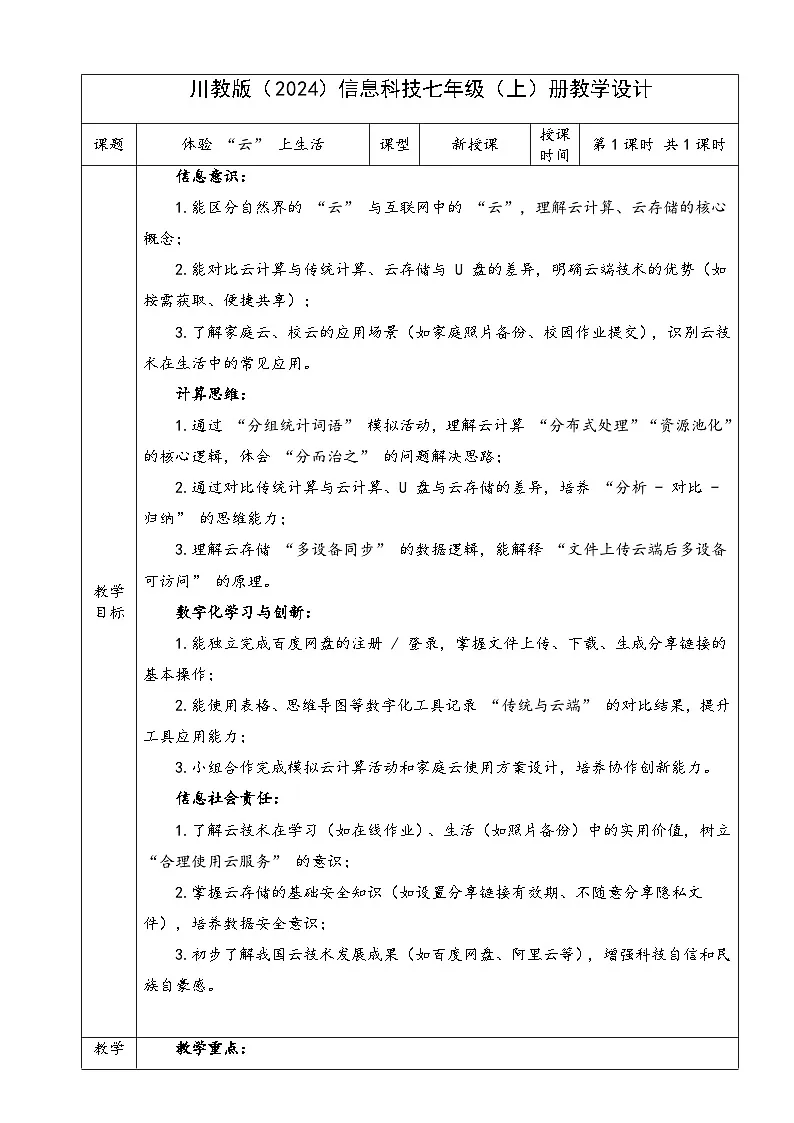 1.3+体验“云”上生活教学设计初中信息科技七年级上册川教版（2024）第1页