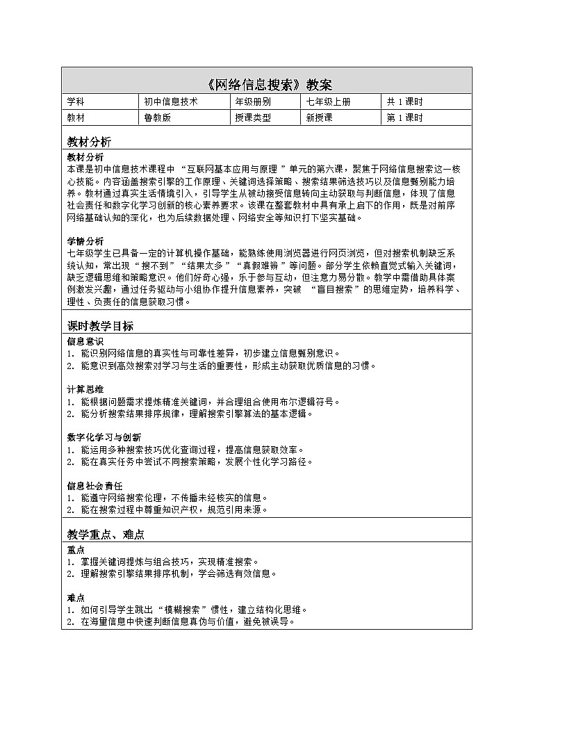 第6课 网络信息搜索 教学设计 鲁教版（2024）初中信息科技七年级上册第1页