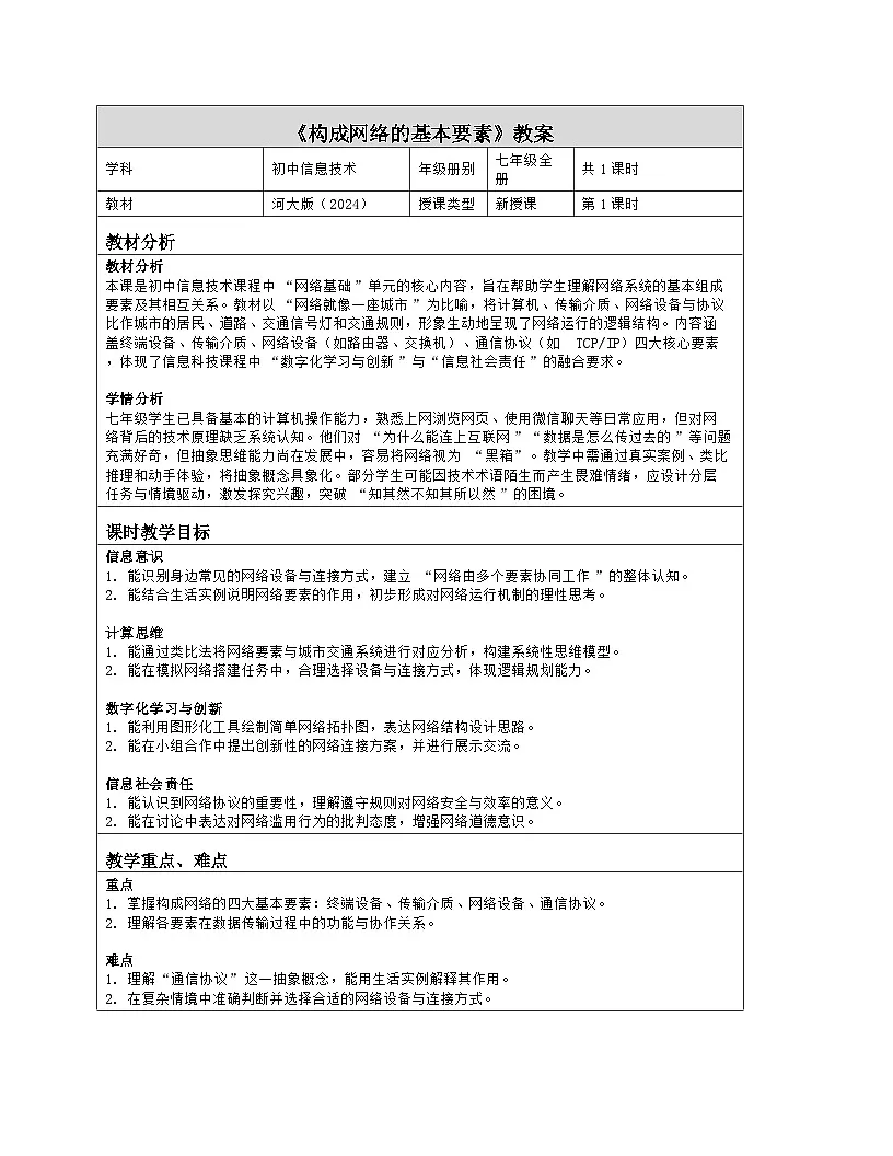 《11 构成网络的基本要素》教学设计（表格版）-2025-2026学年河大版（2024）信息科技七年级全一册第1页
