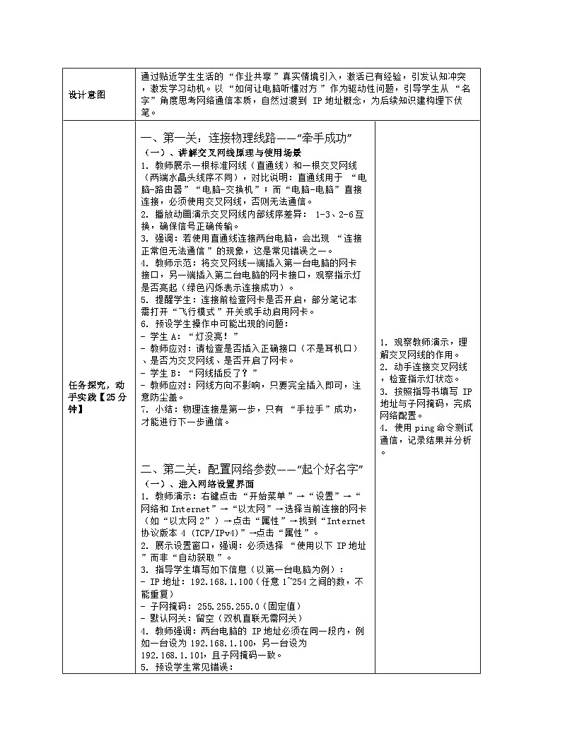 《12 组建双机直联网络》教学设计（表格版）-2025-2026学年河大版（2024）信息科技七年级全一册第3页