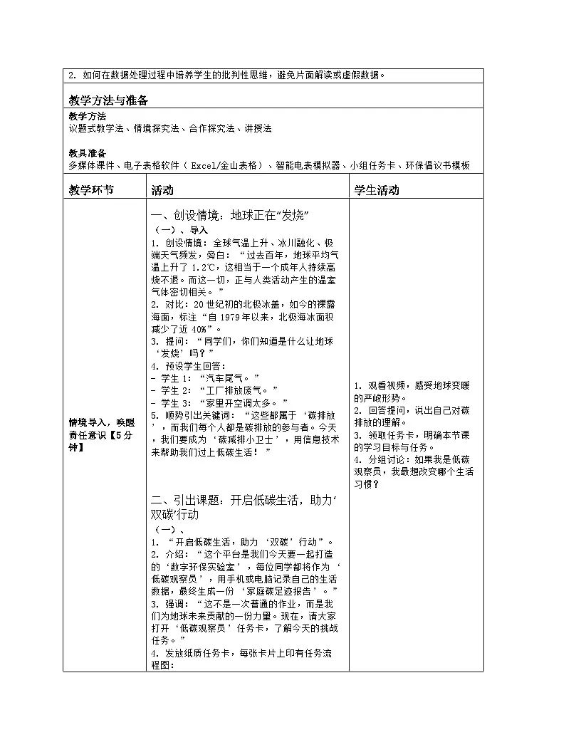 《跨学科主题：开启低碳生活，助力“双碳”行动》教学设计（表格版）-2025-2026学年河大版（2024）信息科技七年级全一册第2页