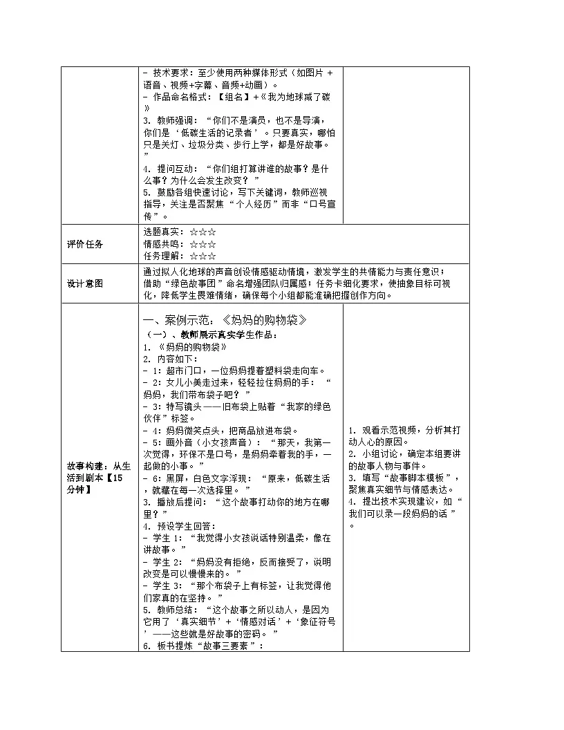 《跨学科主题：一起讲好“低碳生活”小故事》教学设计（表格版）-2025-2026学年河大版（2024）信息科技七年级全一册第3页