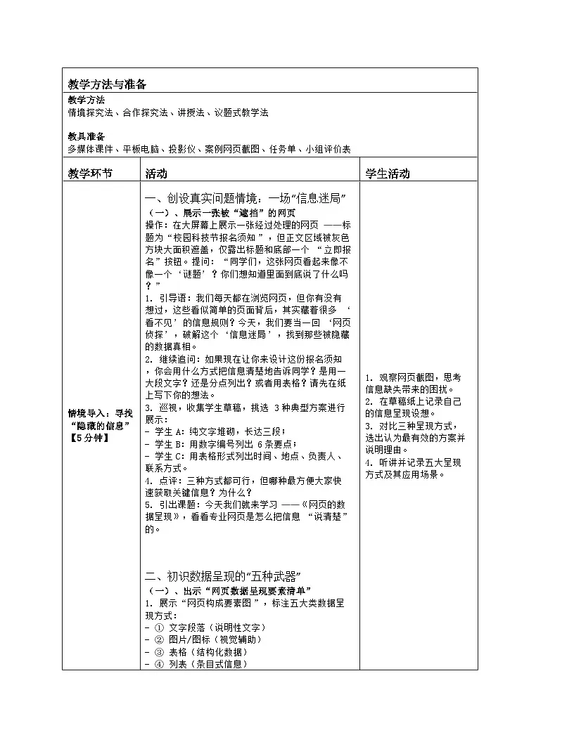 《第二单元 互联网数据：8 网页的数据呈现》教学设计（表格版）-2025-2026学年浙教版（2023）信息技术八年级上册第2页