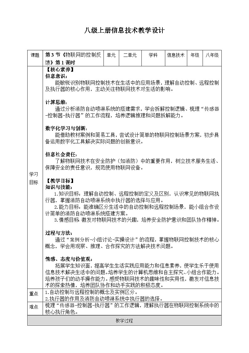 【核心素养目标】八年级上册信息技术第二单元第3节《物联网控制反馈》第1课时 川教版2024 教案第1页