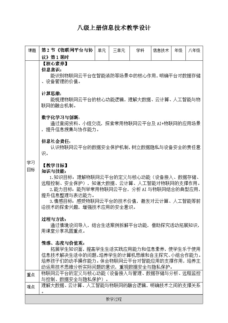 【核心素养目标】八年级上册信息技术第三单元第2节《物联网平台与协议》第1课时 川教版2024 教案第1页
