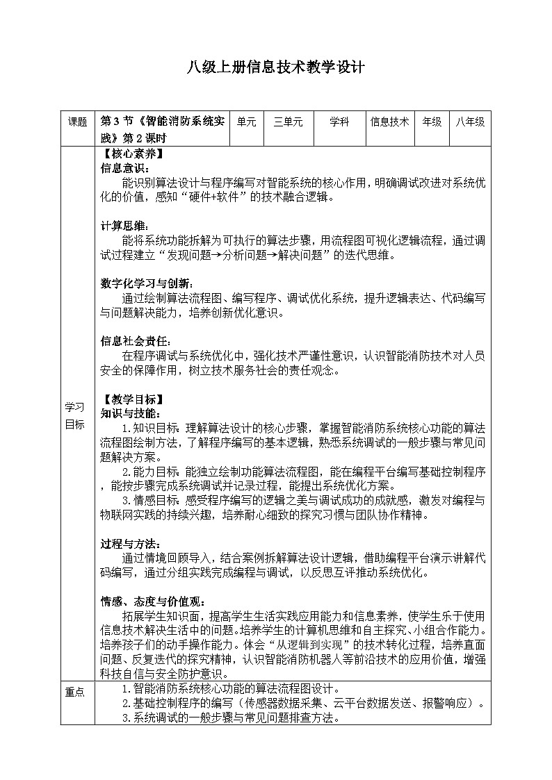 【核心素养目标】八年级上册信息技术第三单元第3节《智能消防系统实践》第2课时 川教版2024 教案第1页
