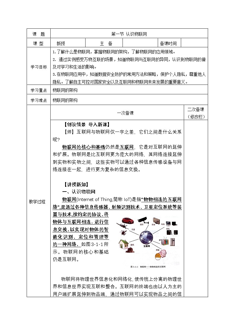 第三单元 第一节 认识物联网 教学设计-2024-2025学年度甘教版（2022）初中信息技术七年级上册第1页