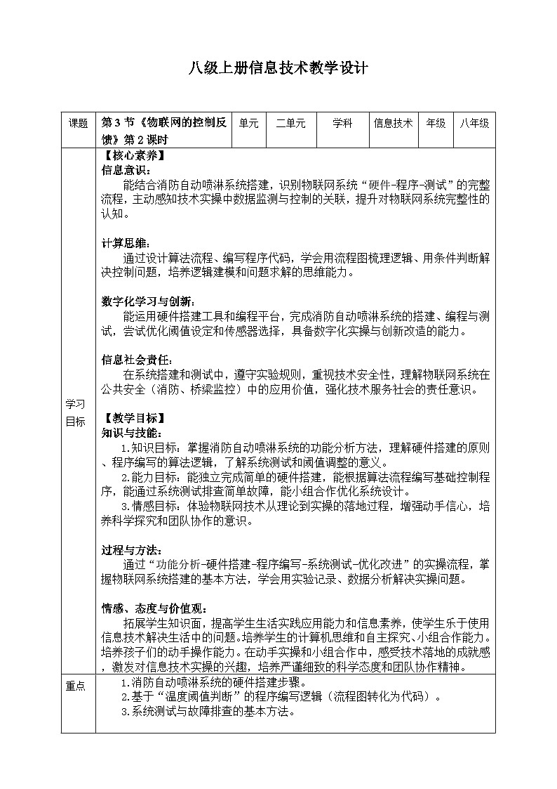 【核心素养目标】八年级上册信息技术第二单元第3节《物联网控制反馈》第2课时川教版2024 教案第1页