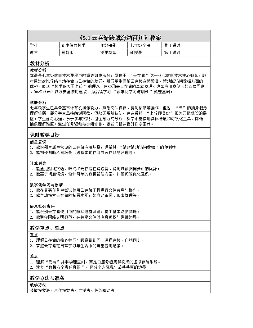 《5.1 云存储跨域海纳百川》教学设计（表格版）-2025-2026学年冀教版（2024）信息科技七年级全一册第1页