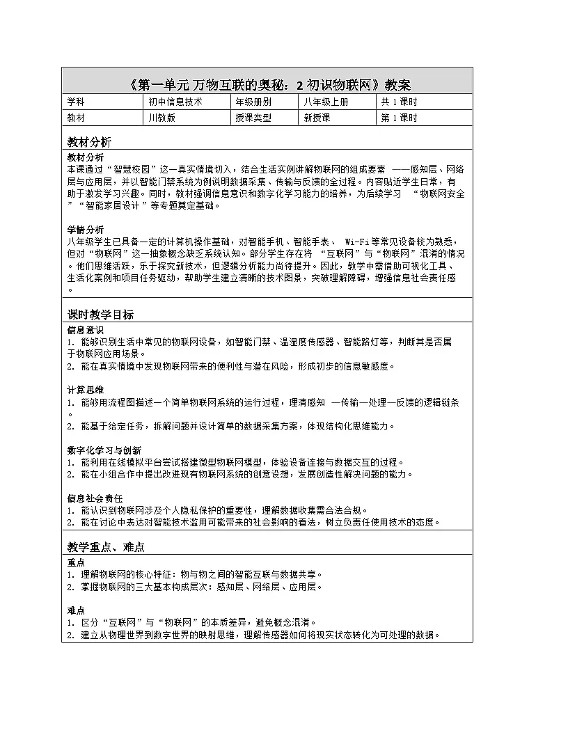 《第一单元 万物互联的奥秘：2 初识物联网》教学设计（表格版）-2025-2026学年川教版(2024)信息技术八年级上册第1页