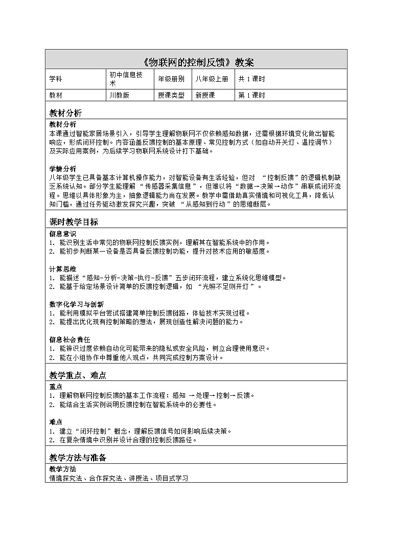 《第二单元 物联网的感官系统：3 物联网的控制反馈》教学设计（表格版）-2025-2026学年川教版(2024)信息技术八年级上册第1页