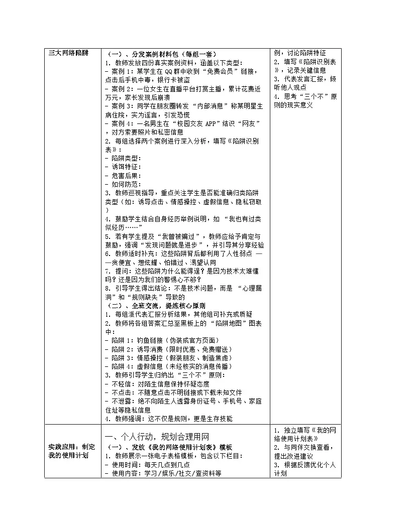 《第三单元 网络安全小卫士：1 科学合理使用网络》教学设计（表格版）-2025-2026学年川教版(2024)信息技术七年级上册第3页
