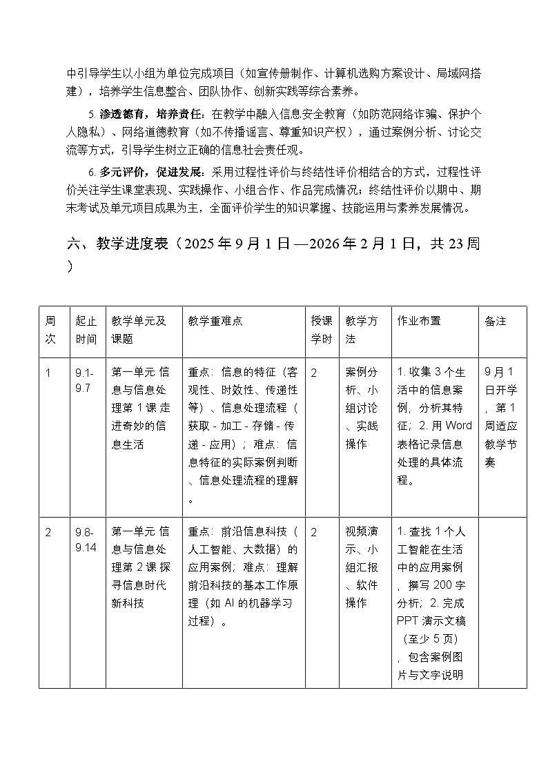 2025-2026学年南方版（2024）初中信息科技七年级上册（第1册）教学计划及进度表第3页