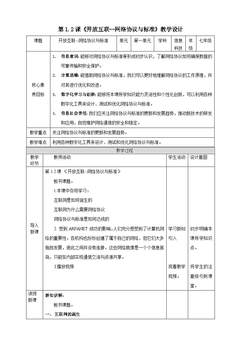第一单元第二课《开放互联--网络协议与标准》 清华大学版（2024）B版初中信息科技七年级上册 教学设计第1页