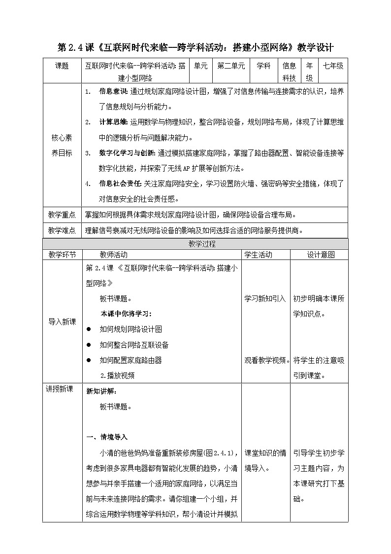 2.4 跨学科活动：搭建小型网络（教学设计）信息科技七年级上册清华大学版（2024）B版第1页