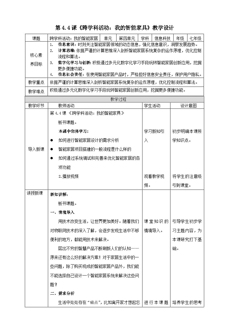 第3单元 第4课《跨学科活动：我的智能家居》教案 清华大学版（2024）B版初中信息科技八年级上册第1页