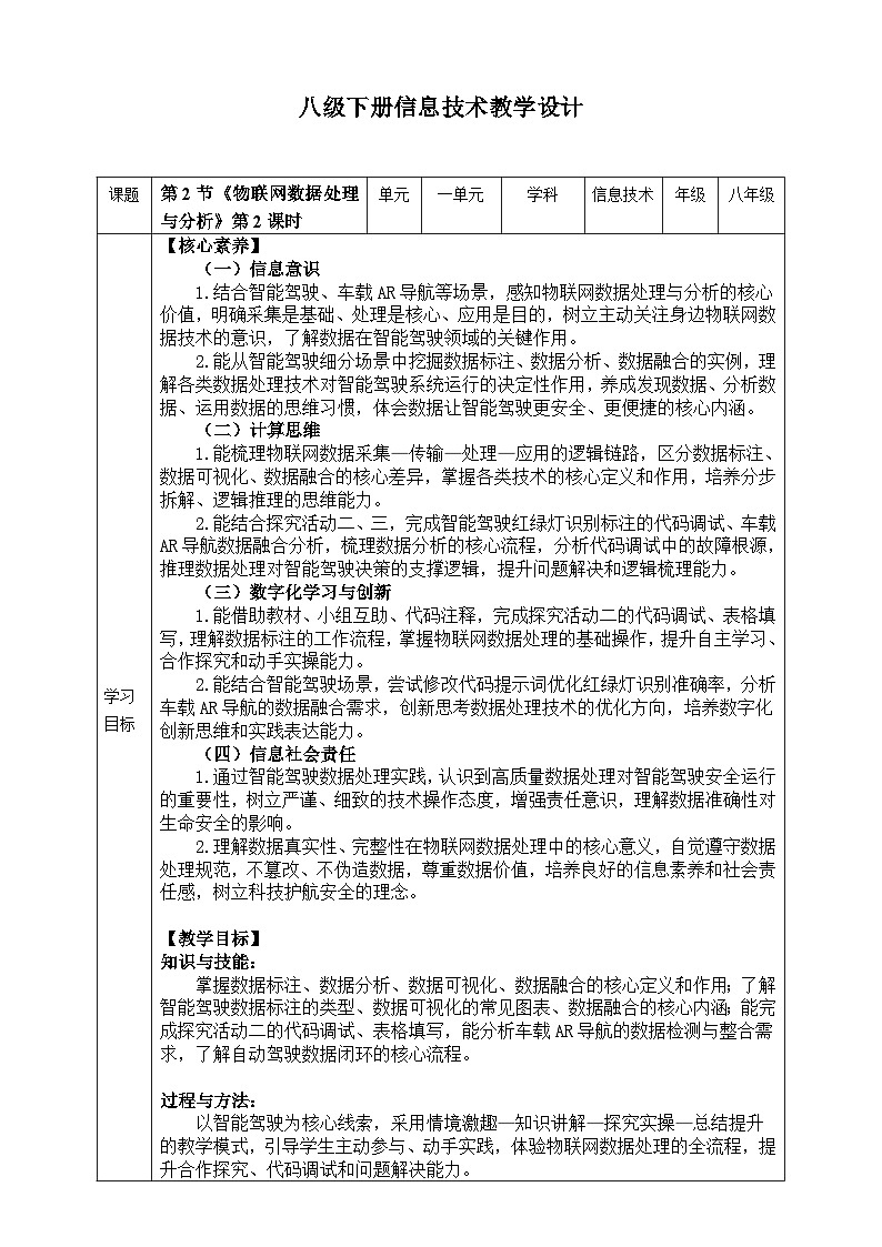 【核心素养目标】八年级下册信息技术第一单元第二节《物联网数据处理与分析》第二课时 川教版2024 教案第1页
