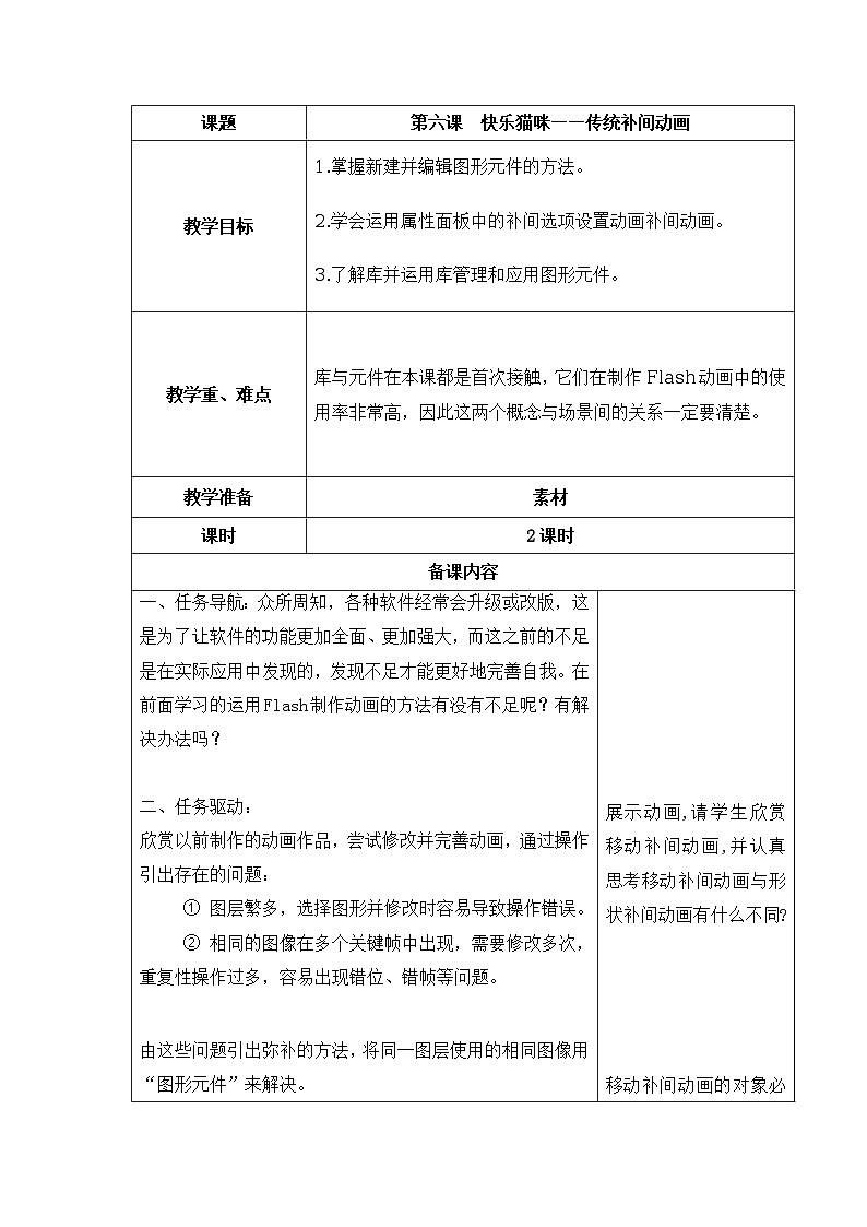 清华大学版信息技术八上 第6课  快乐猫咪——传统补间动画 教案第1页