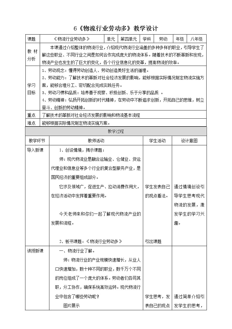 项目四任务三《物流行业劳动多》教案第1页